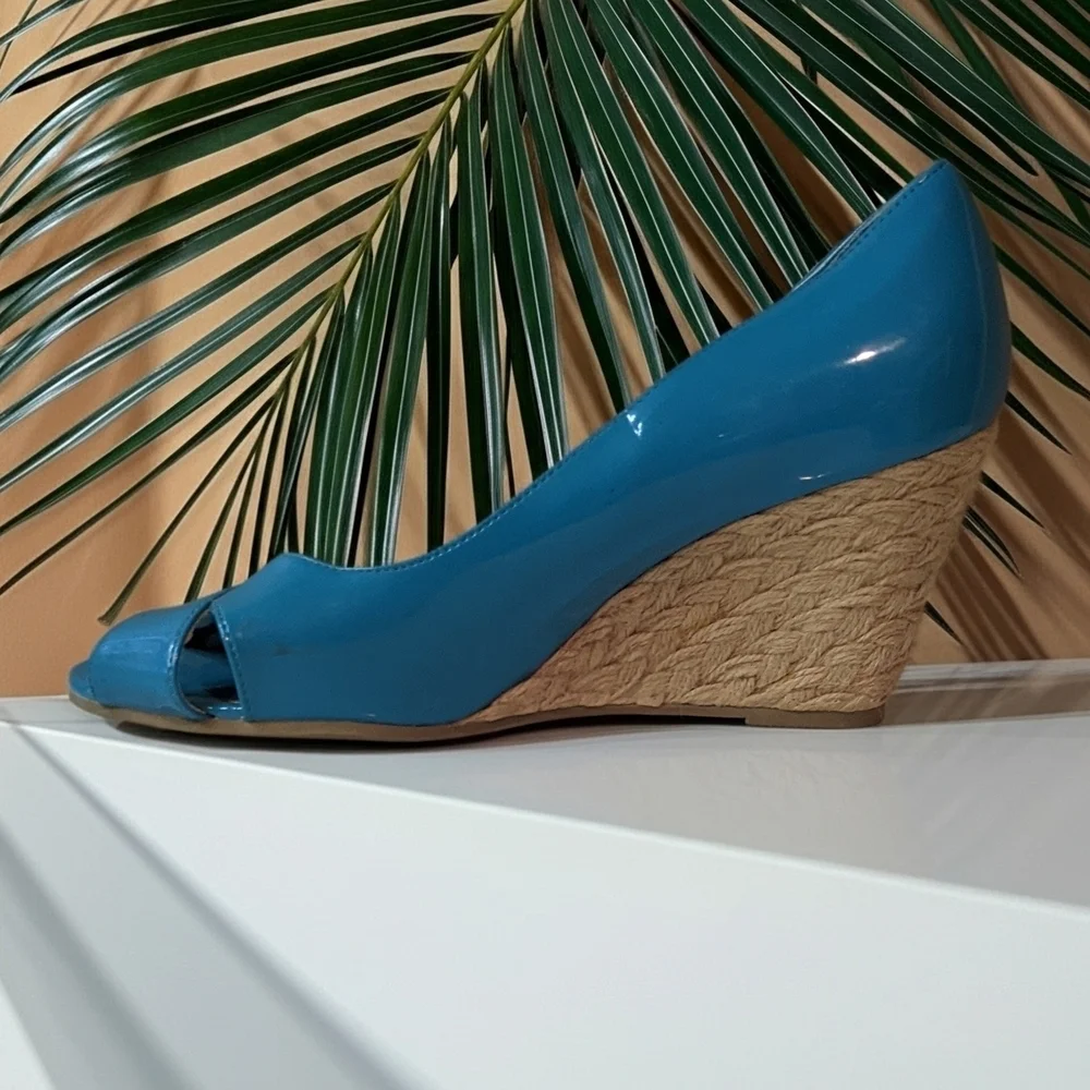 Dexflex Comfort Women's Blue Peep Toe Platform Wedge Sandals Size 7W